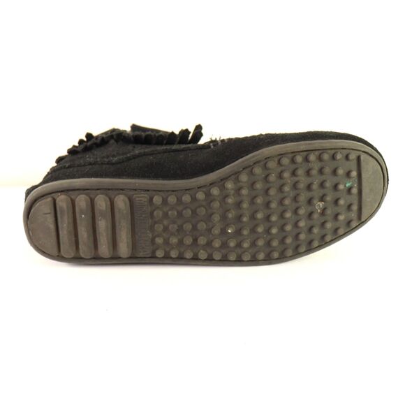 Minnetonka Double Fringe Ankle Booties Black Suede Moc Toe Zip 6 - Picture 8 of 9